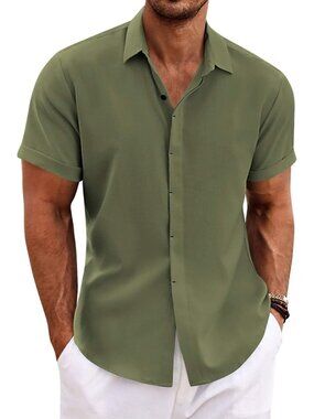 Men's Olive Green Beach Linen Short Sleeve Casual Shirts Imported Button Down